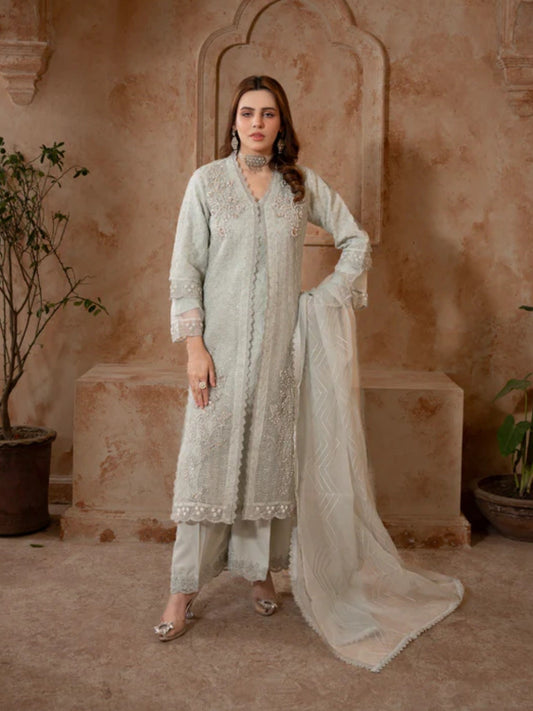 Blue Manahil Arts Organza Embellished Stitched 4-Piece Suit-181-Aqua