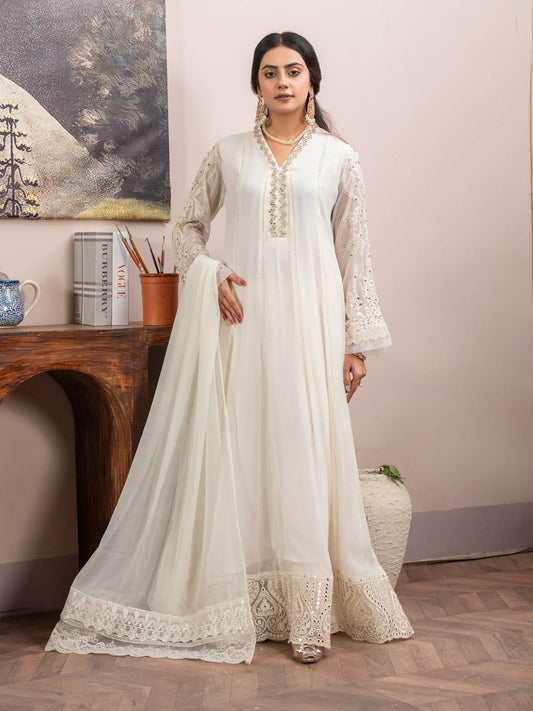 Manahil Arts Chiffon Embellished Stitched 3-Piece Suit-K-165-Off White