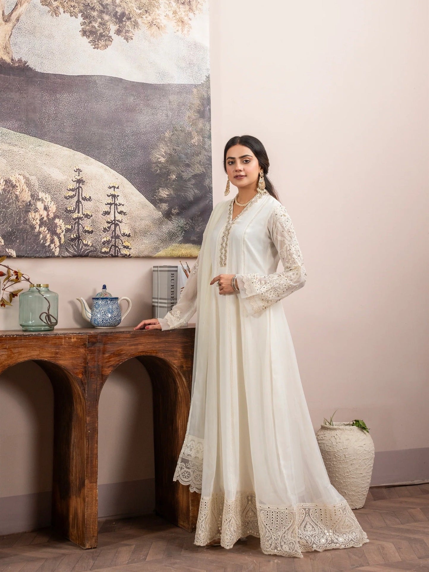 Manahil Arts Chiffon Embellished Stitched 3-Piece Suit-K-165-Off White