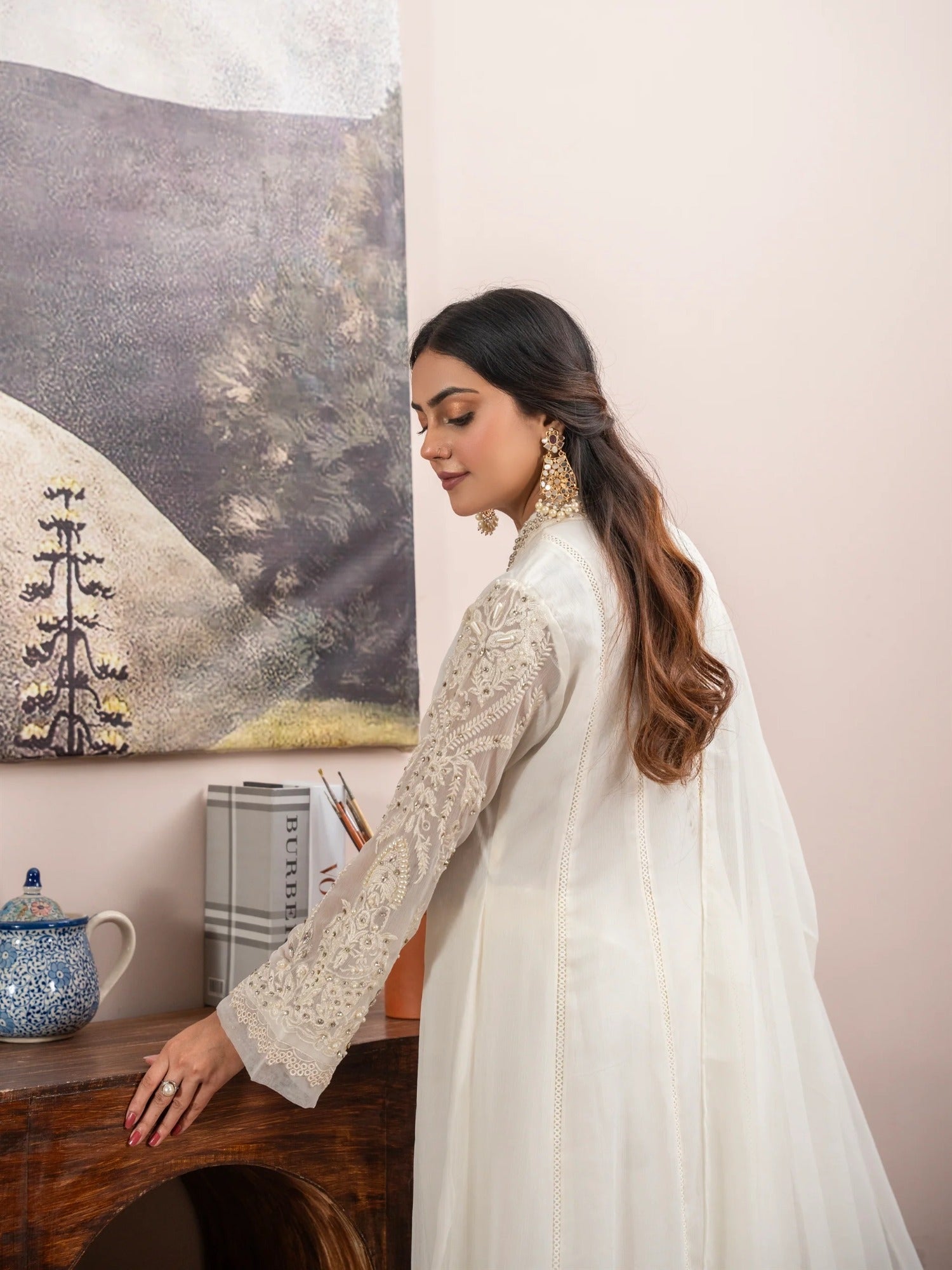 Manahil Arts Chiffon Embellished Stitched 3-Piece Suit-K-165-Off White