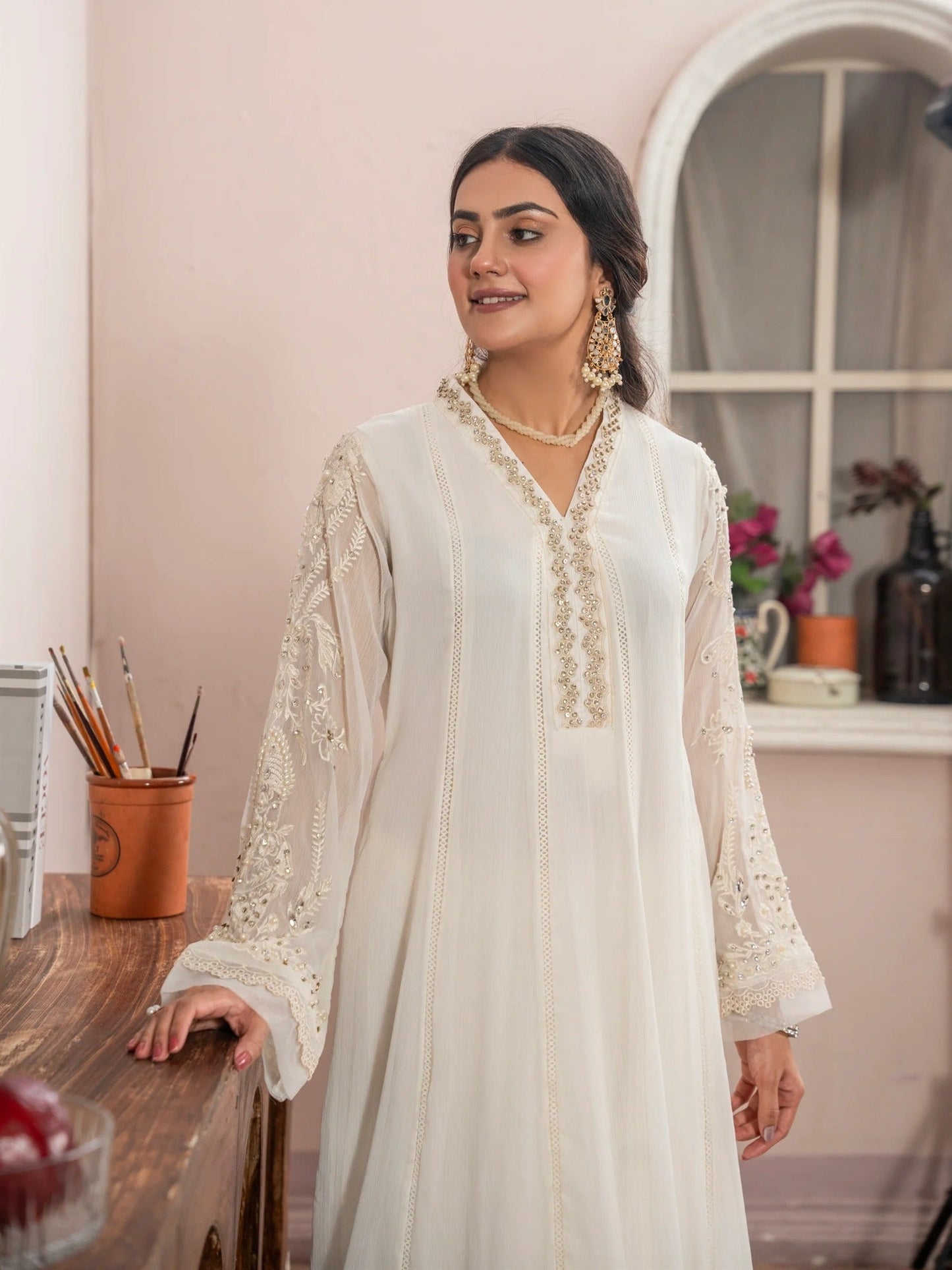 Manahil Arts Chiffon Embellished Stitched 3-Piece Suit-K-165-Off White