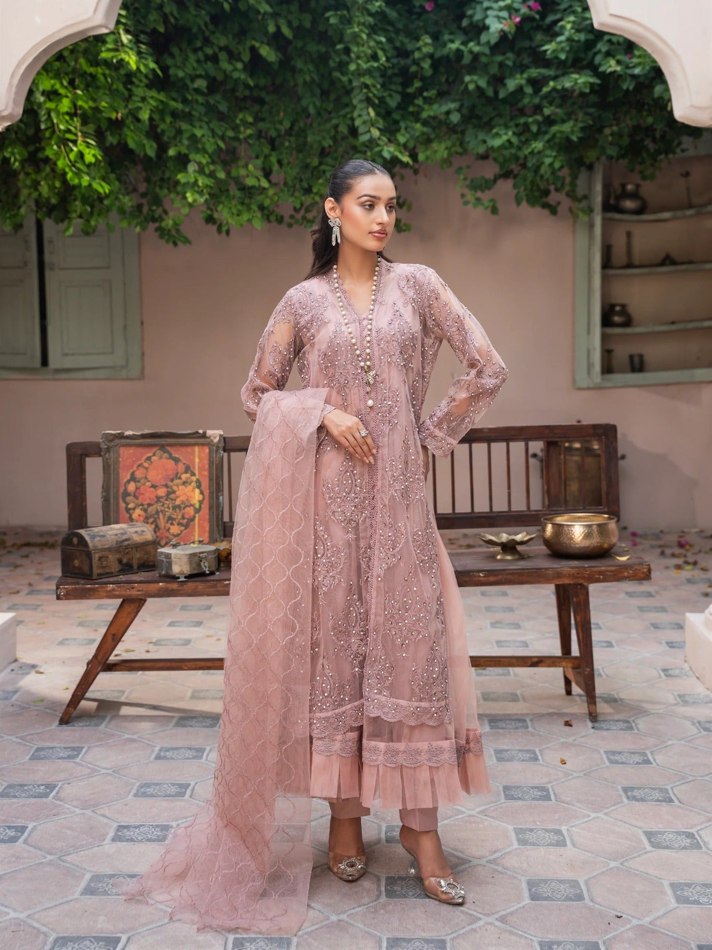 Lilac Manahil Arts Net Embellished Stitched 4-Piece Suit-K-148-Lilac