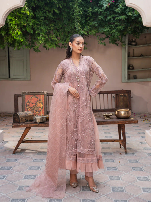 Lilac Manahil Arts Net Embellished Stitched 4-Piece Suit-K-148-Lilac