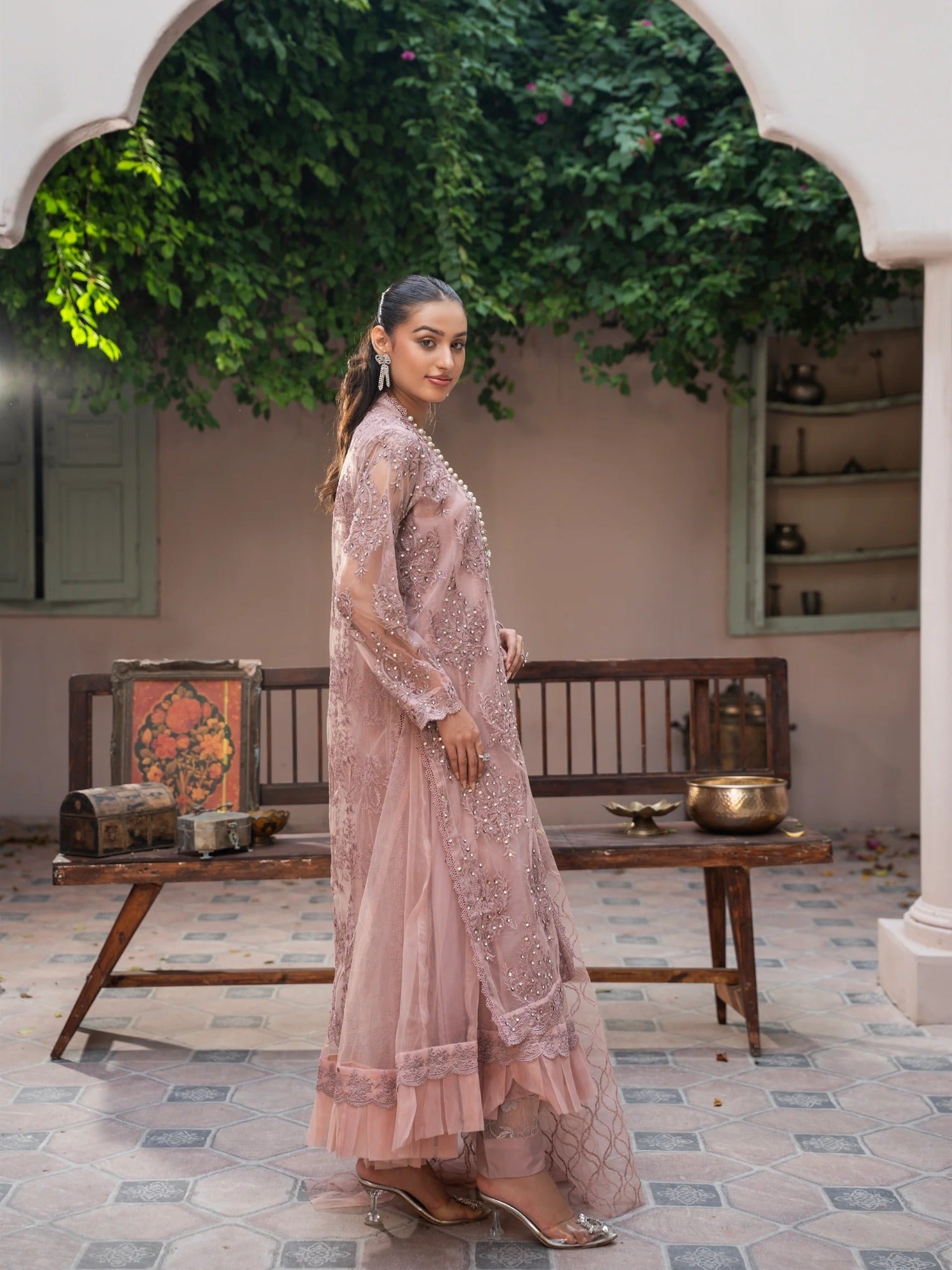 Lilac Manahil Arts Net Embellished Stitched 4-Piece Suit-K-148-Lilac