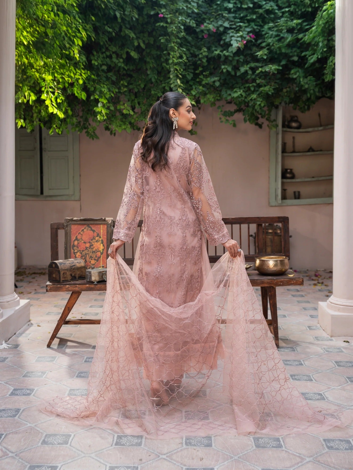 Lilac Manahil Arts Net Embellished Stitched 4-Piece Suit-K-148-Lilac