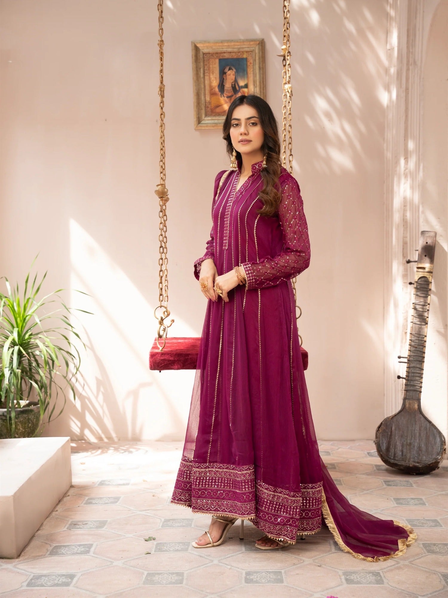 Purple Manahil Arts Chiffon Embroidered Stitched 3-Piece Suit-Kurti 106-Magenta Haze