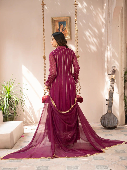 Purple Manahil Arts Chiffon Embroidered Stitched 3-Piece Suit-Kurti 106-Magenta Haze