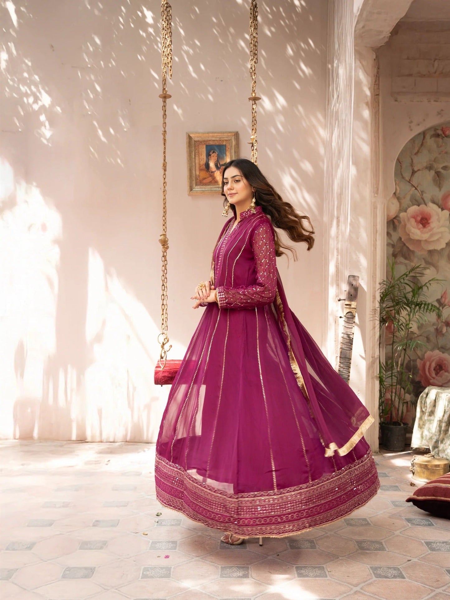 Purple Manahil Arts Chiffon Embroidered Stitched 3-Piece Suit-Kurti 106-Magenta Haze