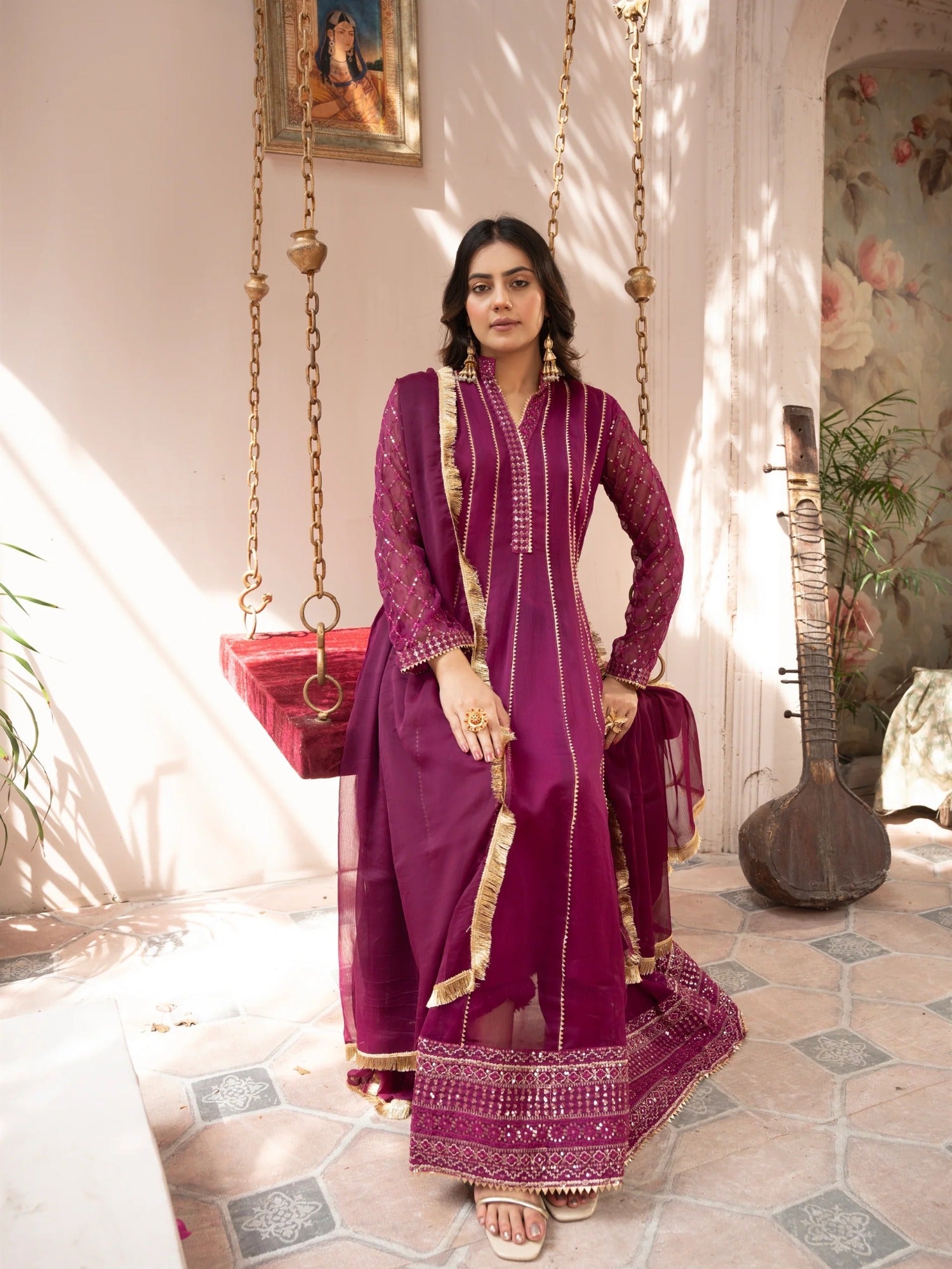 Purple Manahil Arts Chiffon Embroidered Stitched 3-Piece Suit-Kurti 106-Magenta Haze