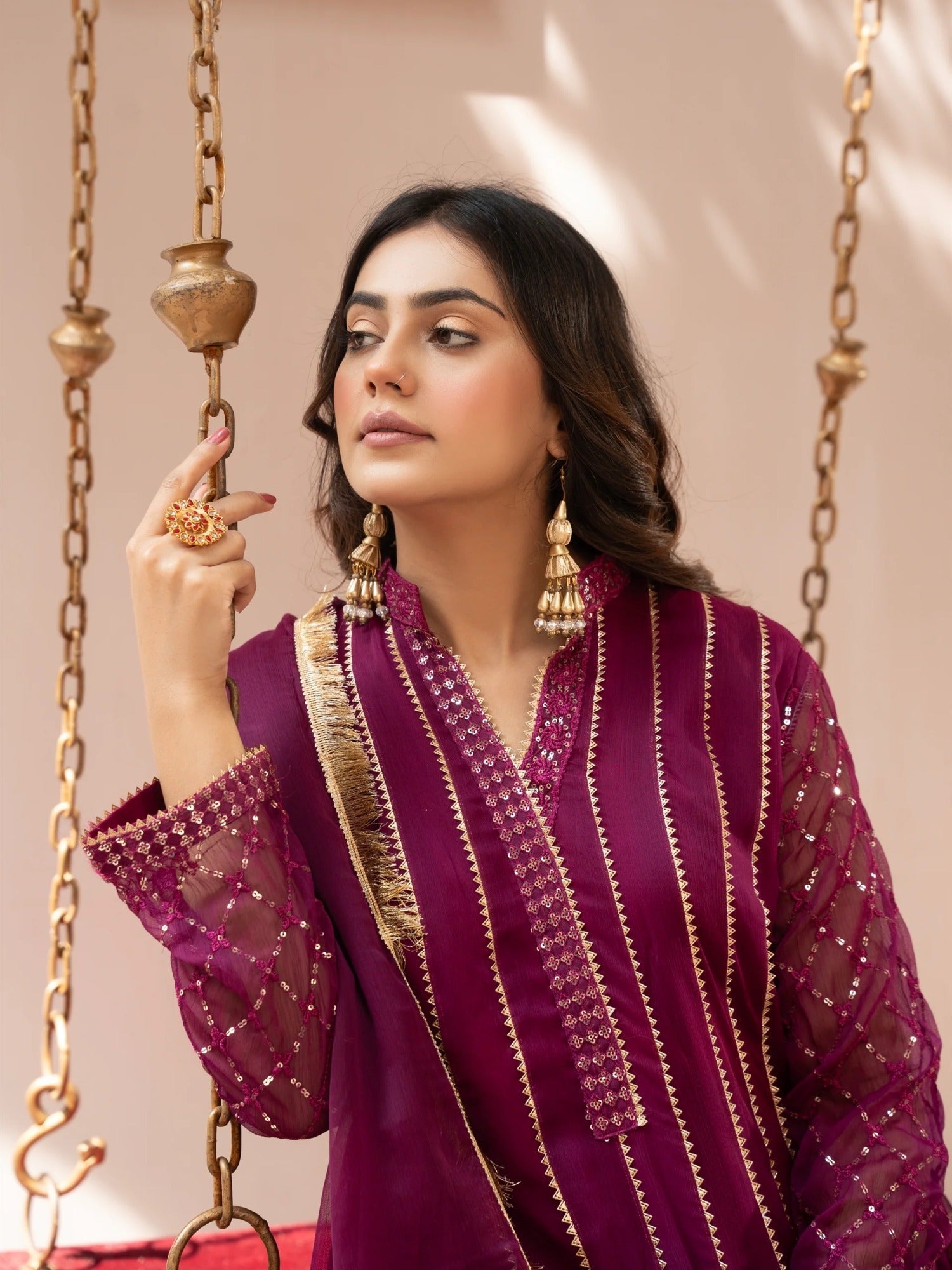 Purple Manahil Arts Chiffon Embroidered Stitched 3-Piece Suit-Kurti 106-Magenta Haze