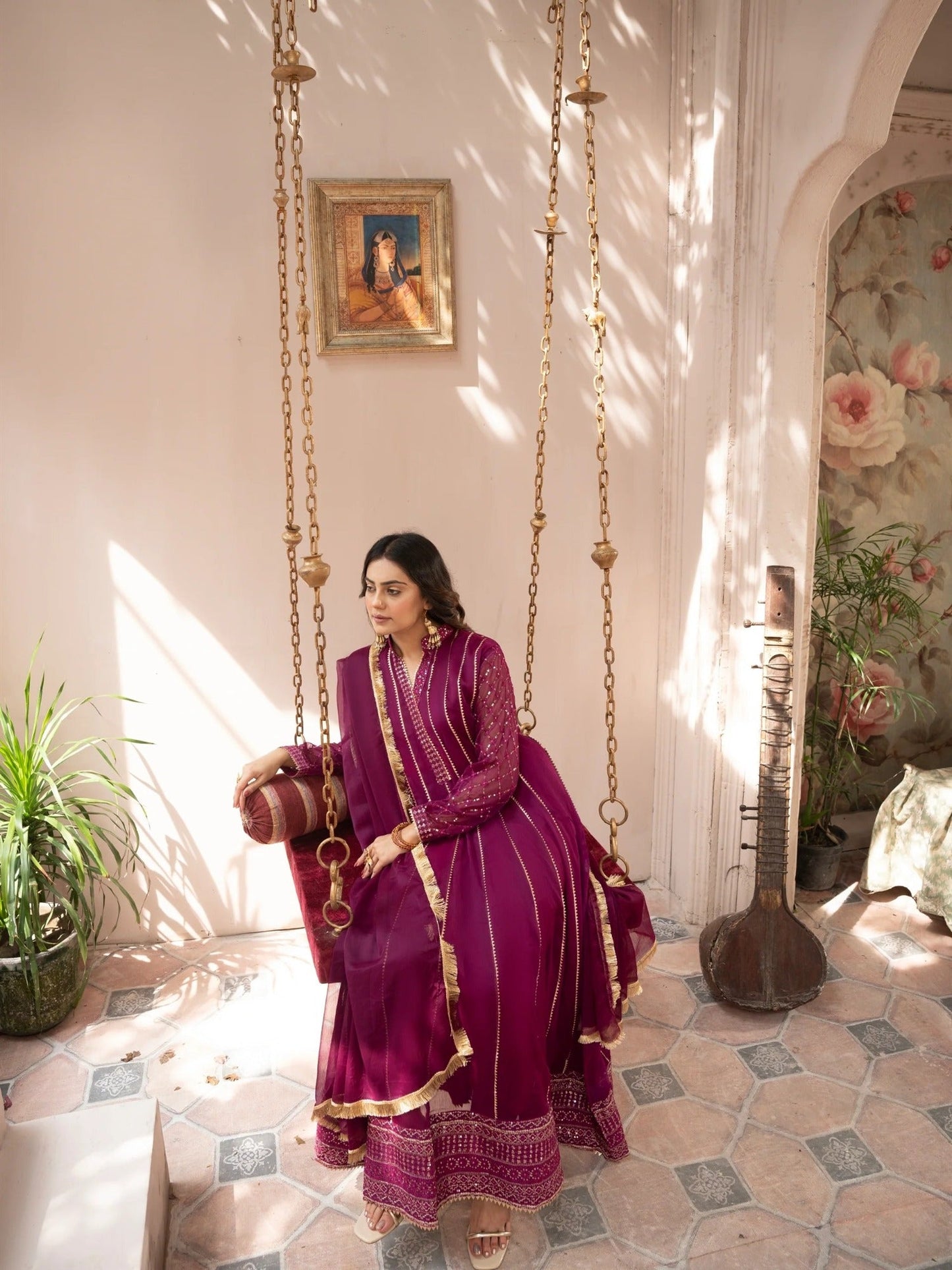 Purple Manahil Arts Chiffon Embroidered Stitched 3-Piece Suit-Kurti 106-Magenta Haze