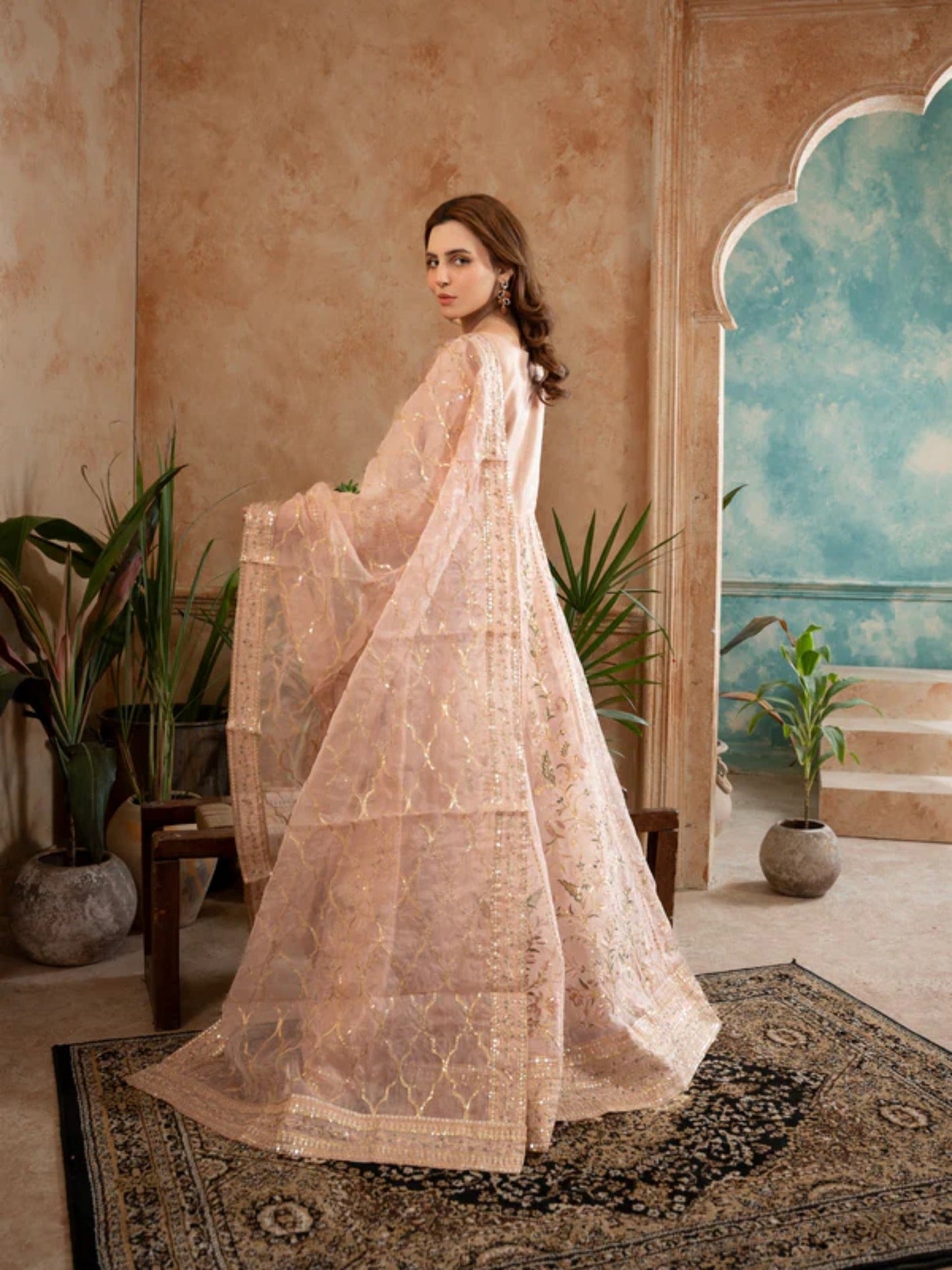 Peach Manahil Arts Organza Embellished Maxi-024-Lilac