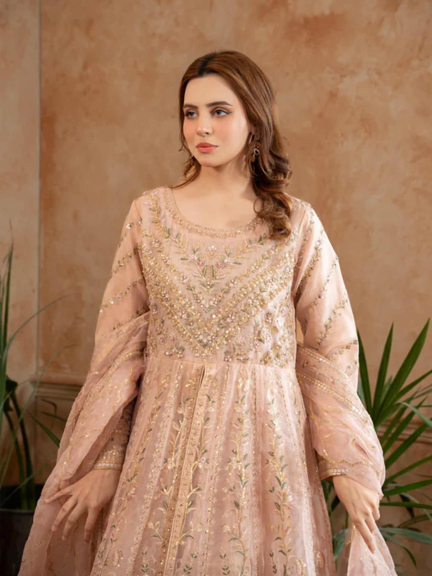Peach Manahil Arts Organza Embellished Maxi-024-Lilac