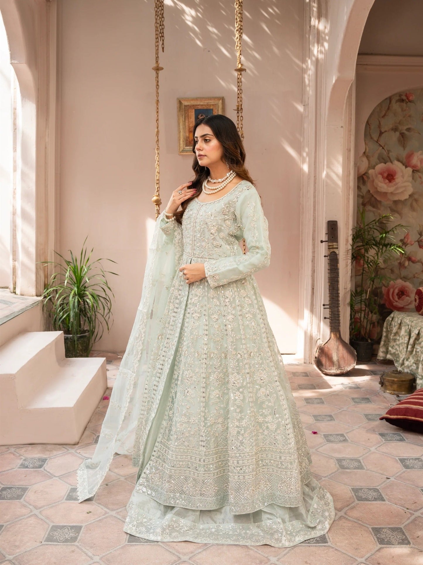 Manahil Arts Organza Embellished Stitched 3-Piece Suit-Luxury-018-Mint Green