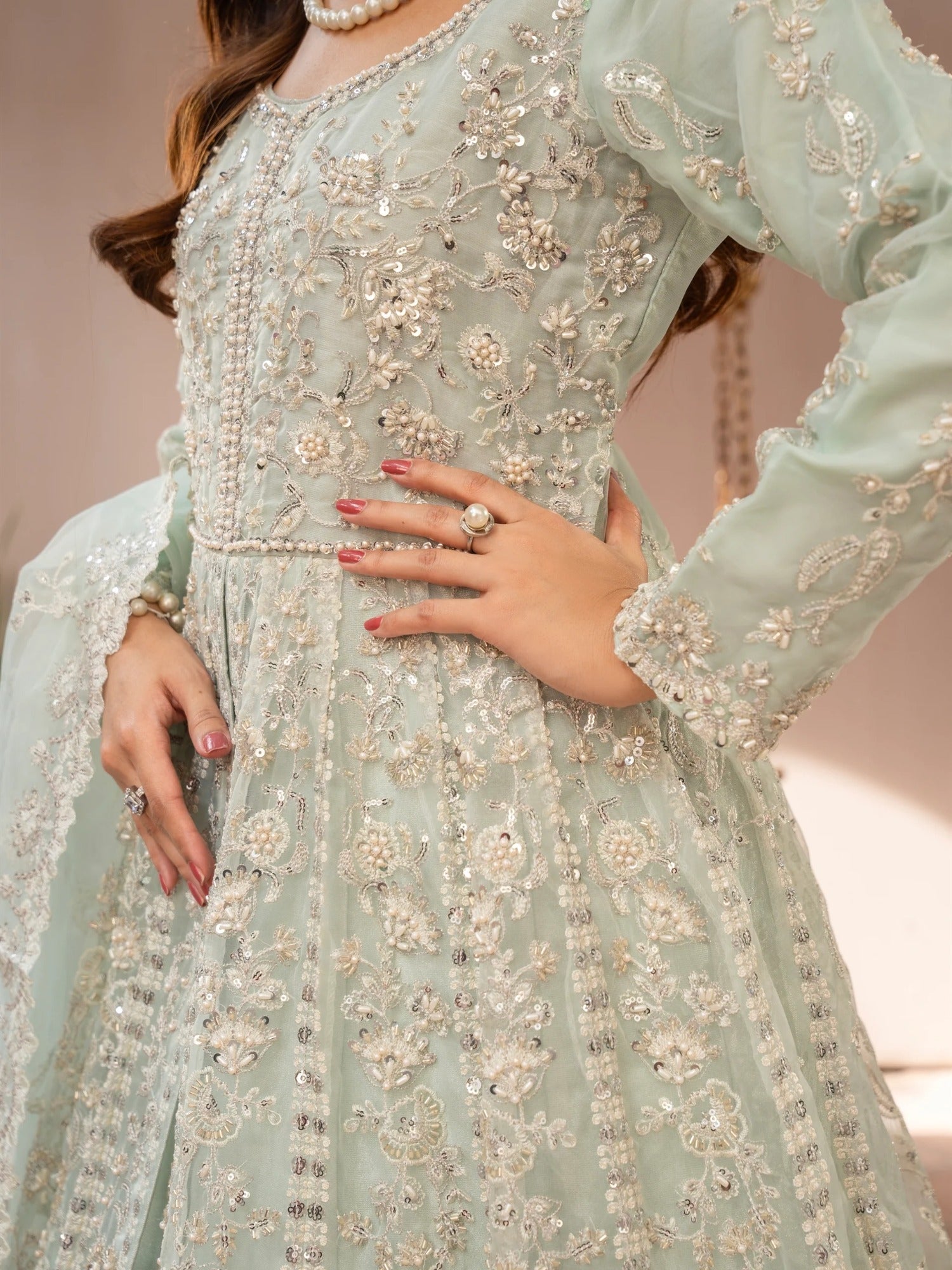 Manahil Arts Organza Embellished Stitched 3-Piece Suit-Luxury-018-Mint Green