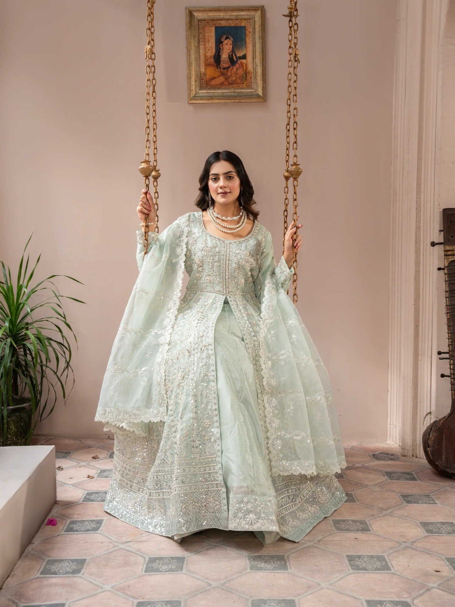 Manahil Arts Organza Embellished Stitched 3-Piece Suit-Luxury-018-Mint Green