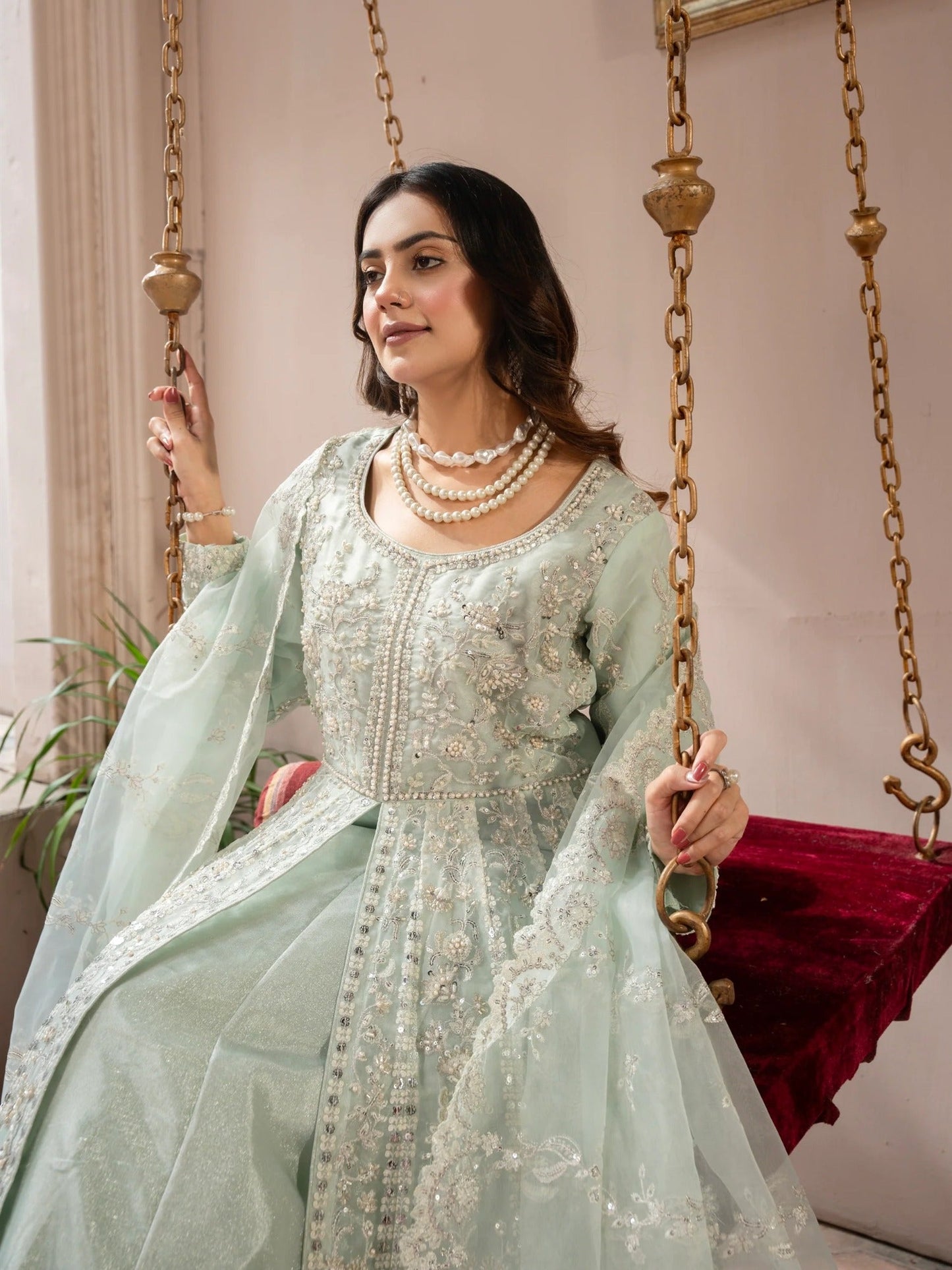 Manahil Arts Organza Embellished Stitched 3-Piece Suit-Luxury-018-Mint Green