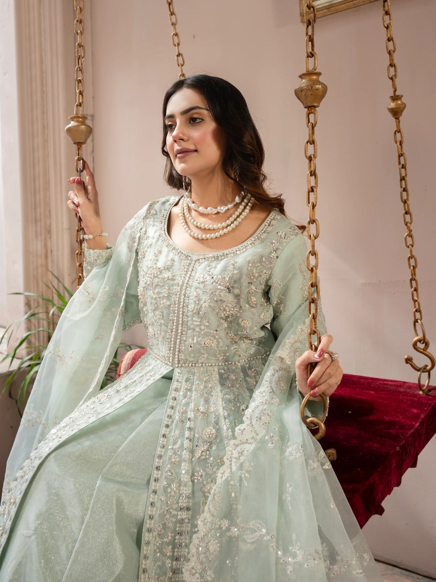 Manahil Arts Organza Embellished Stitched 3-Piece Suit-Luxury-018-Mint Green