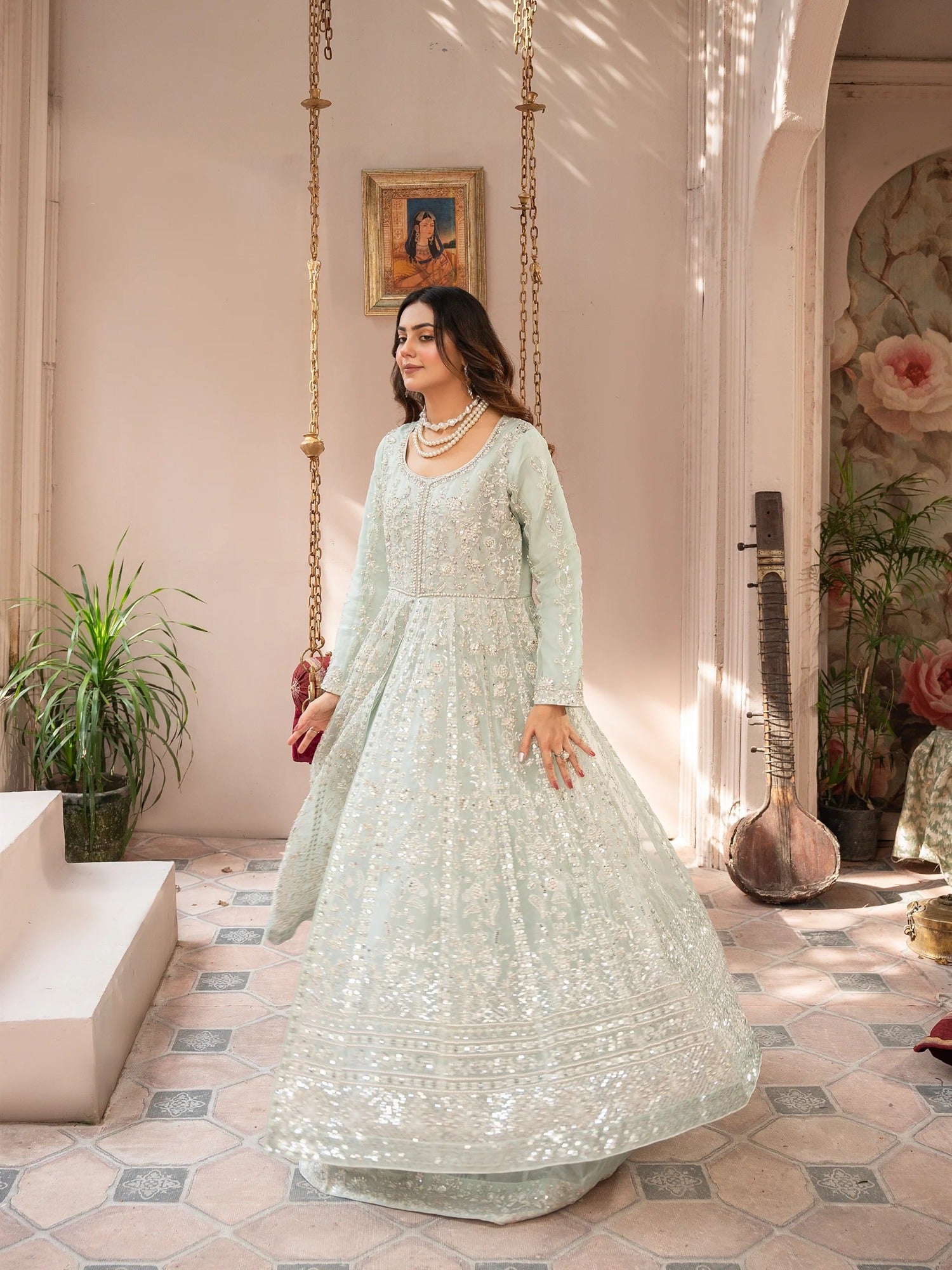 Manahil Arts Organza Embellished Stitched 3-Piece Suit-Luxury-018-Mint Green