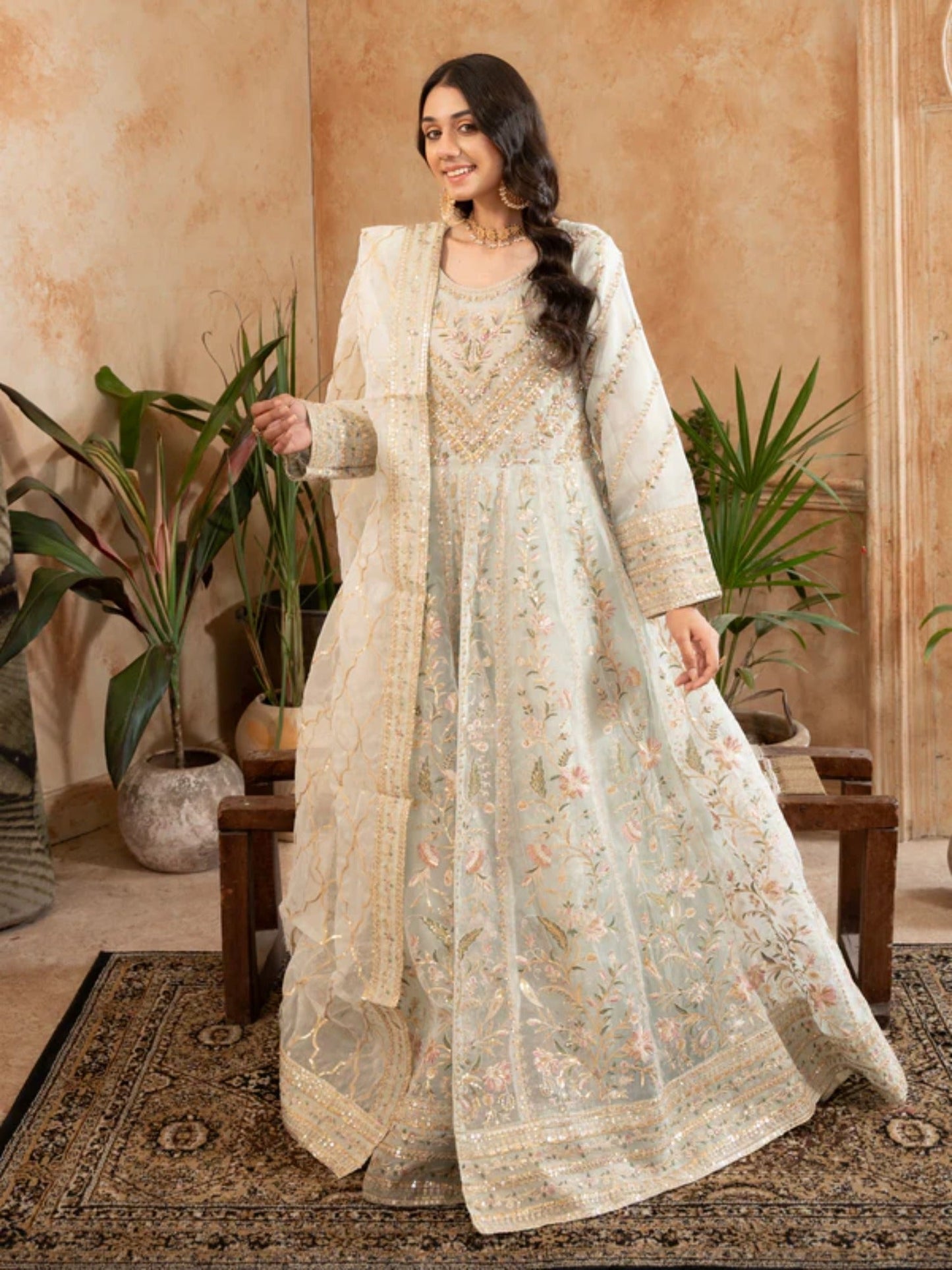 Mint Green Manahil Arts Organza Embellished Maxi-024-Mint Green