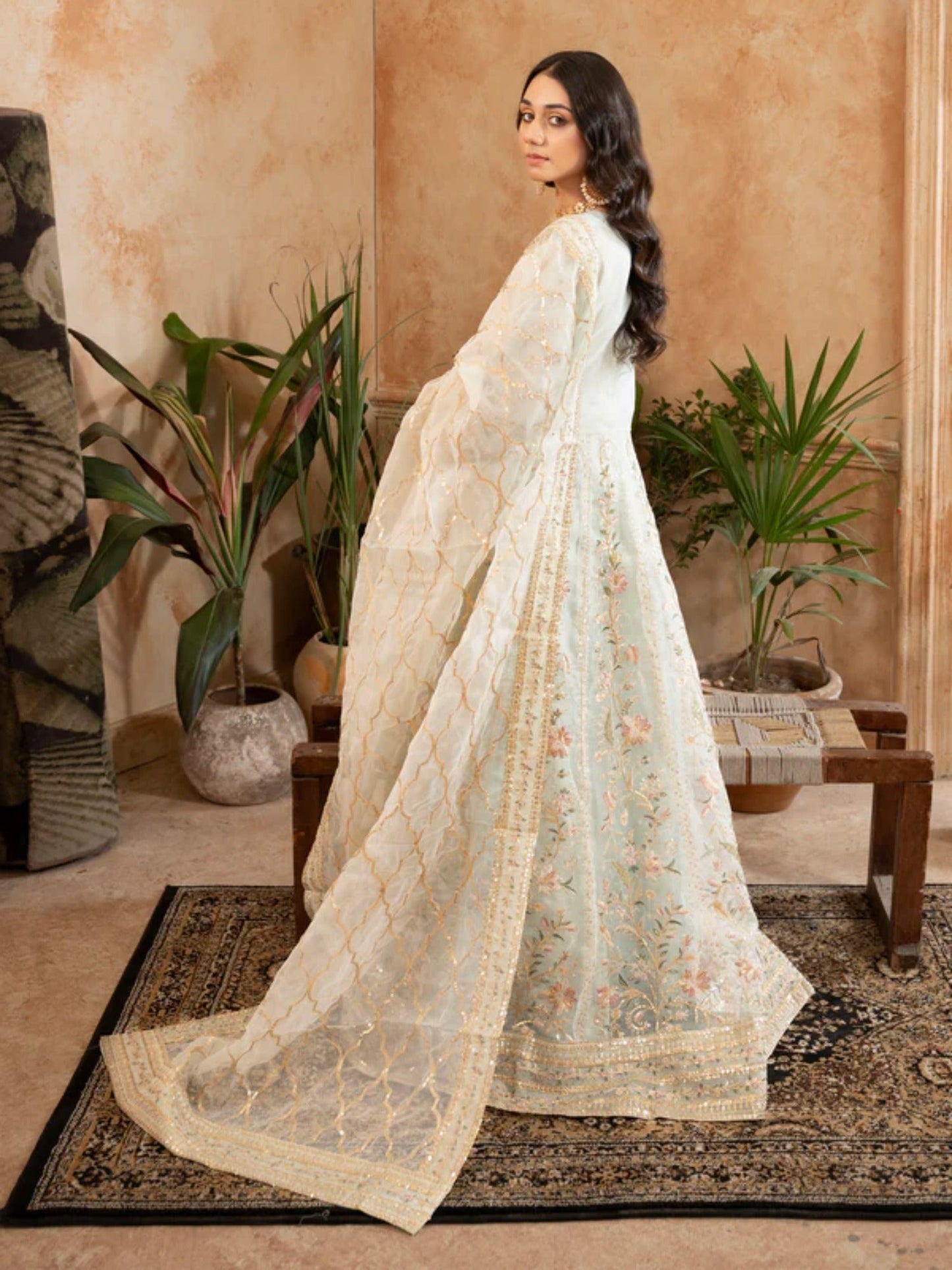 Mint Green Manahil Arts Organza Embellished Maxi-024-Mint Green