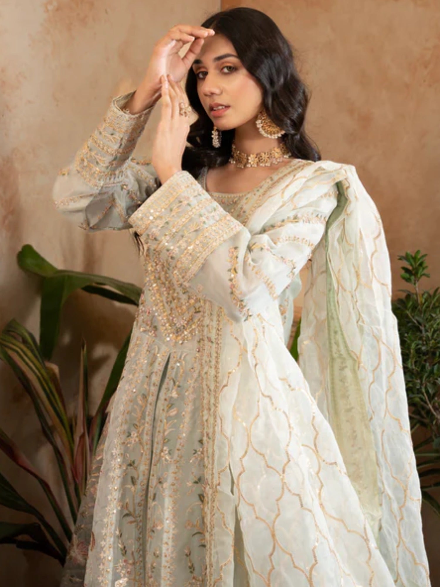 Mint Green Manahil Arts Organza Embellished Maxi-024-Mint Green