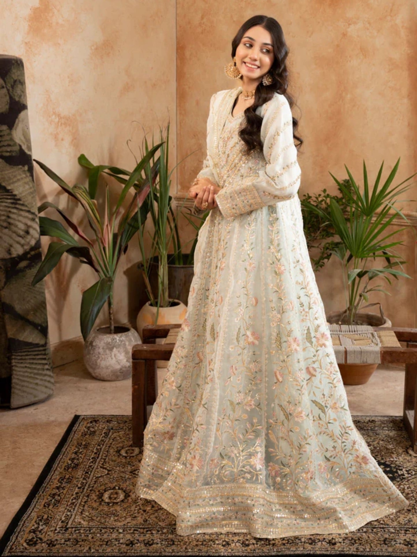Mint Green Manahil Arts Organza Embellished Maxi-024-Mint Green