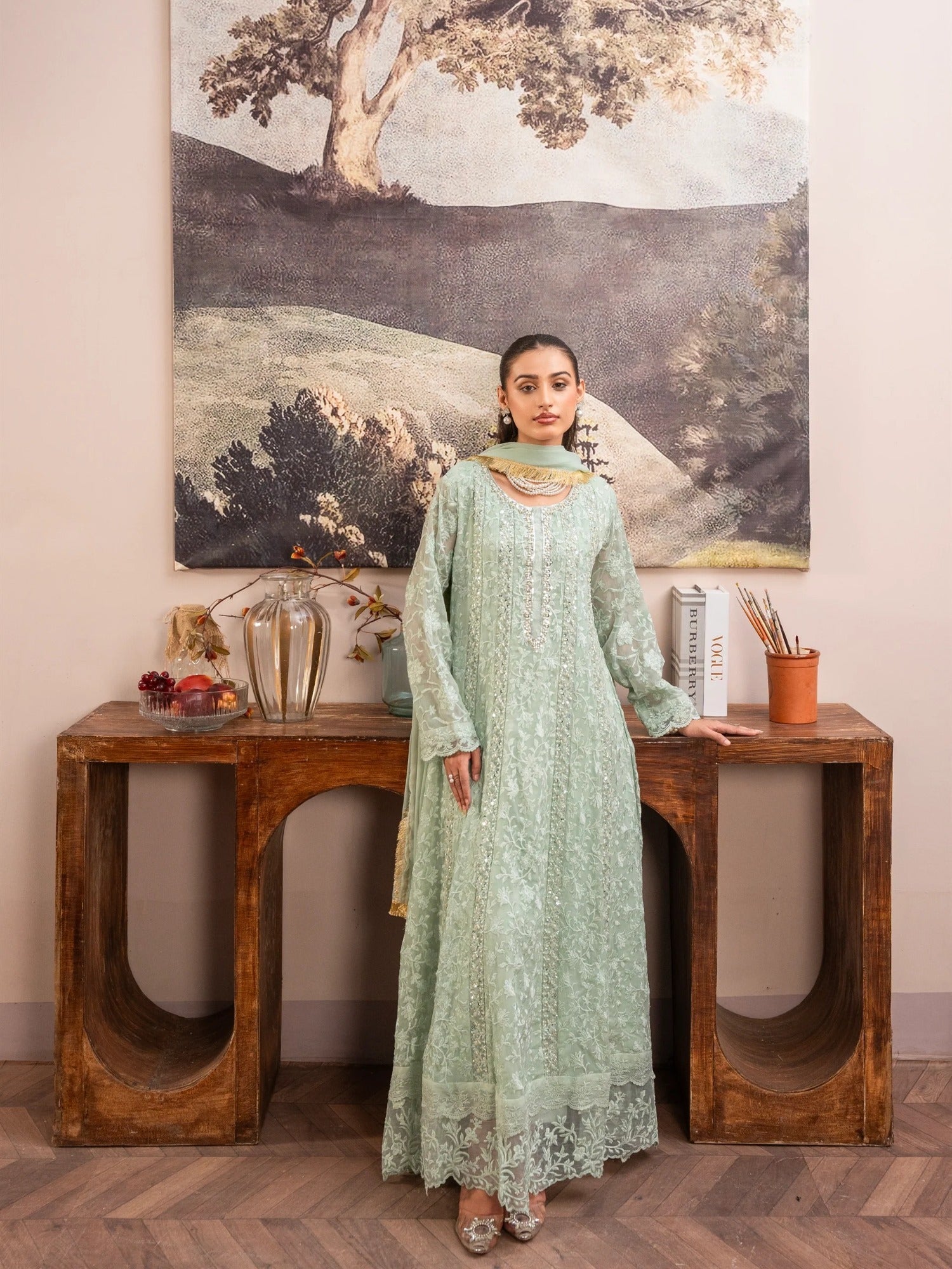Manahil Arts Chiffon Embellished Stitched 3-Piece Suit-K-169-Mint Green