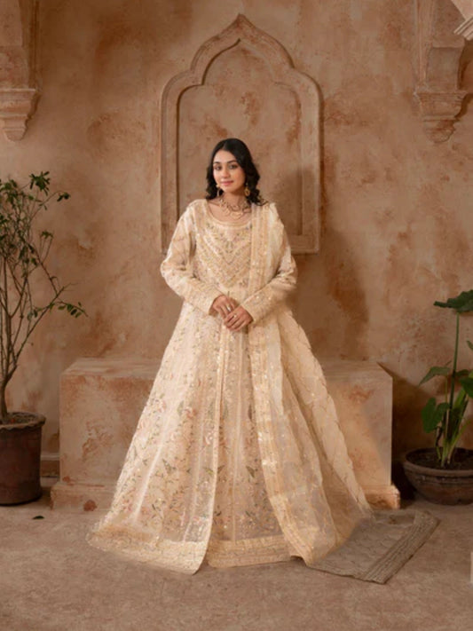 Beige Manahil Arts Organza Embellished Maxi-024-Beige