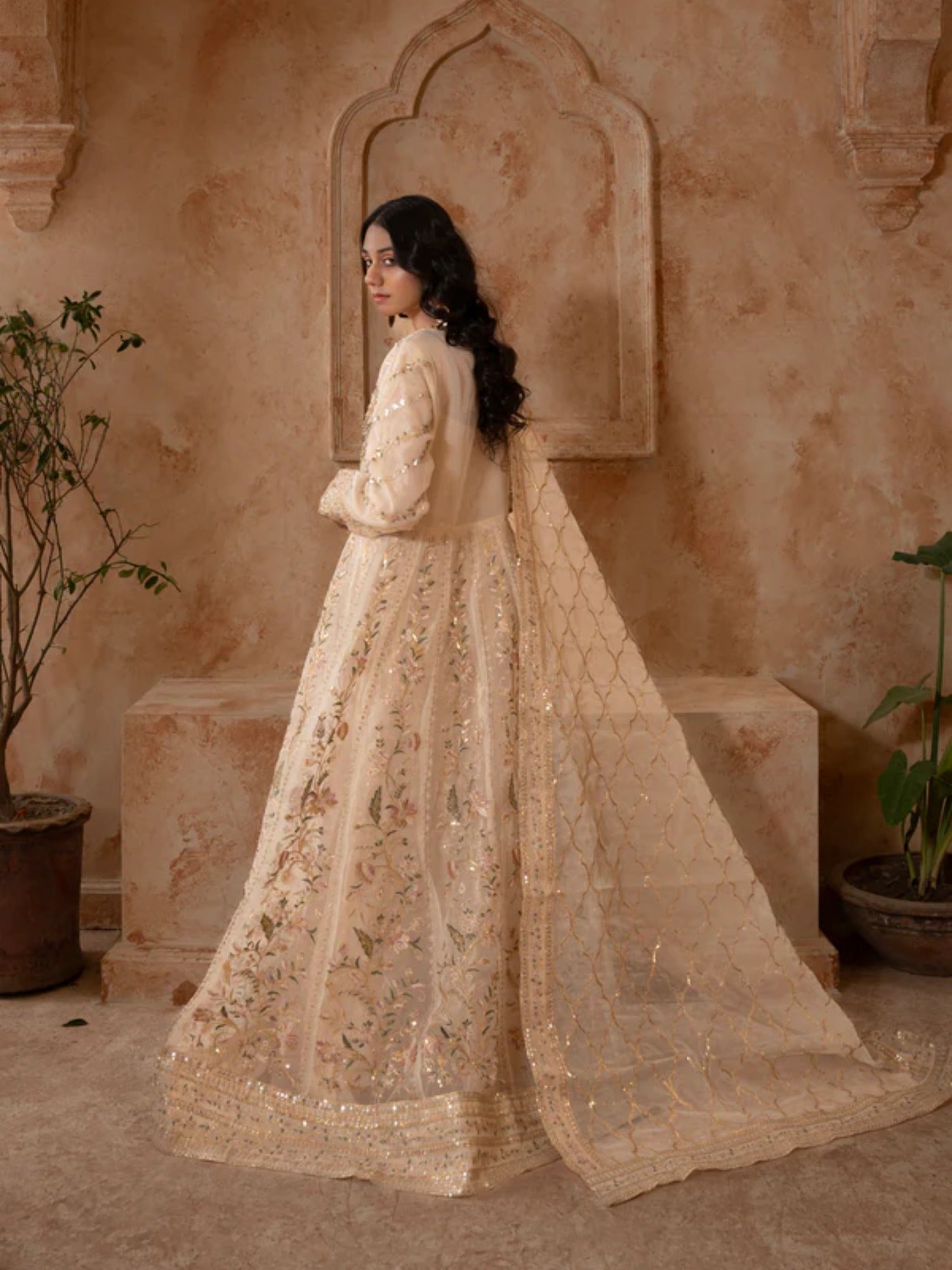 Beige Manahil Arts Organza Embellished Maxi-024-Beige