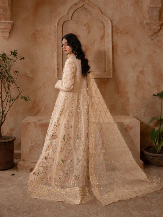 Beige Manahil Arts Organza Embellished Maxi-024-Beige