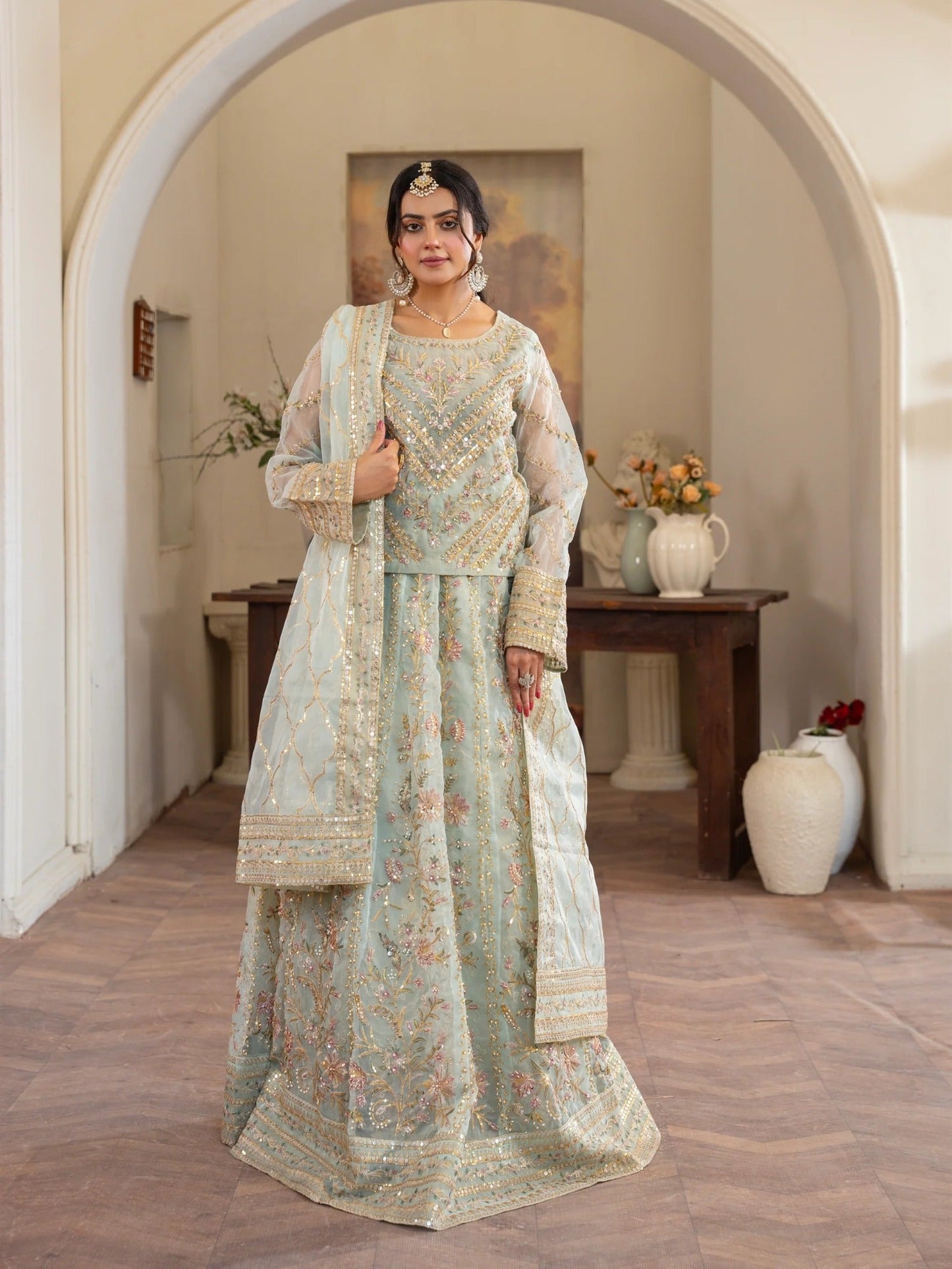 Manahil Arts Organza Embellished Stitched Lehnga-Luxury-001-Mint Green