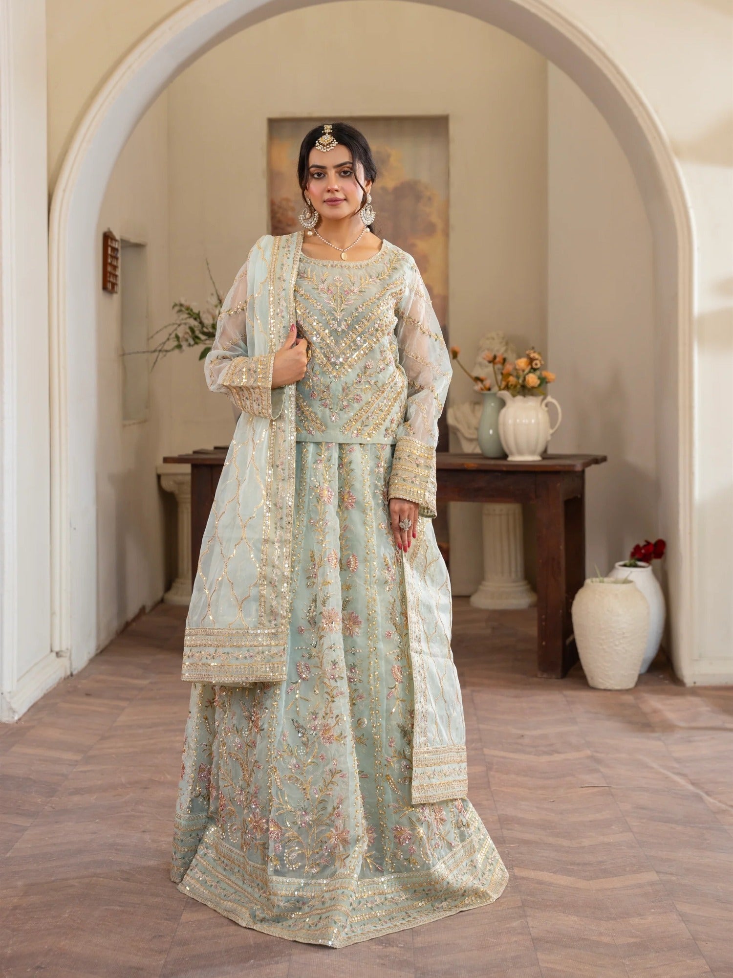 Manahil Arts Organza Embellished Stitched Lehnga-Luxury-001-Mint Green