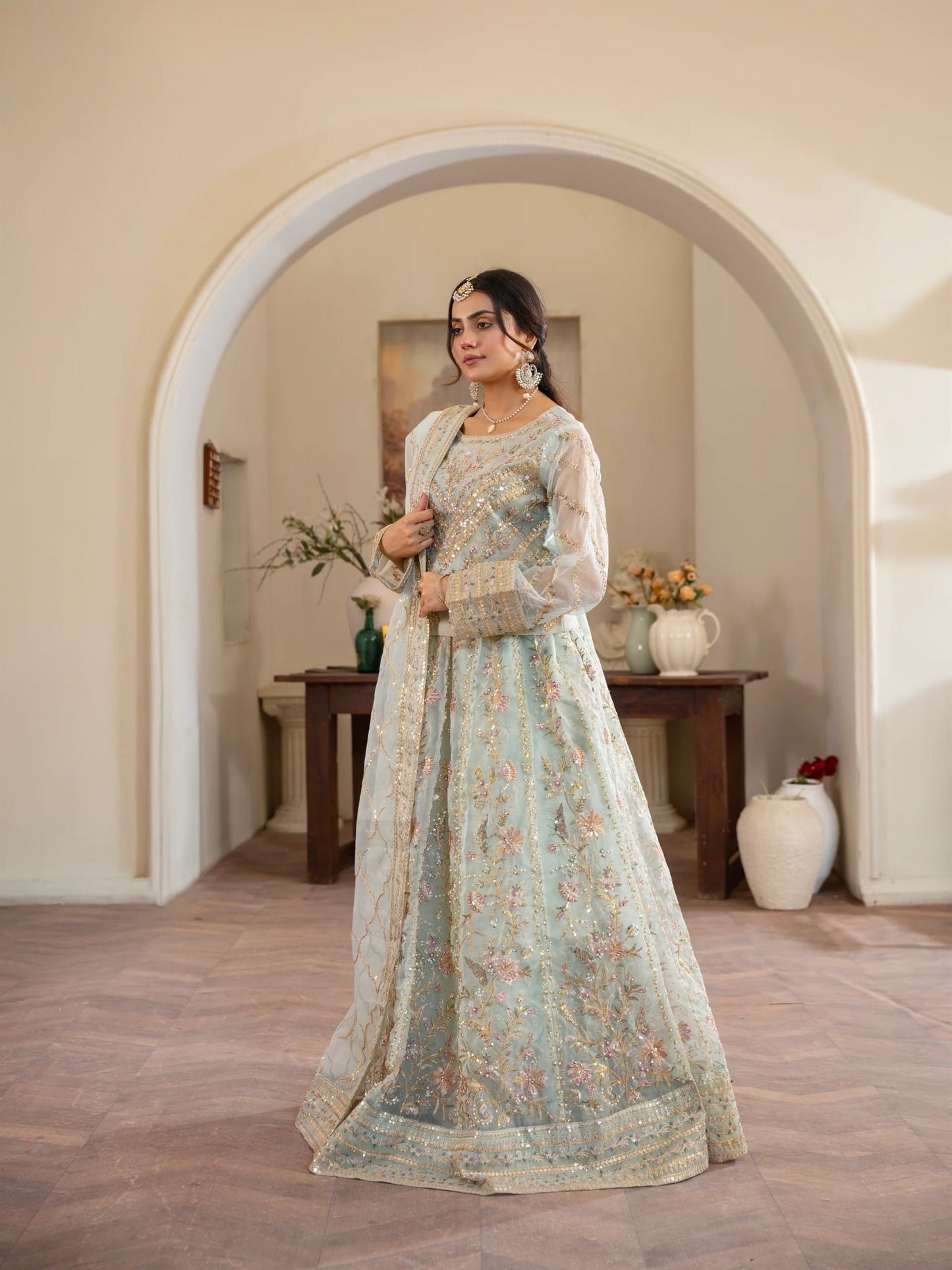 Manahil Arts Organza Embellished Stitched Lehnga-Luxury-001-Mint Green
