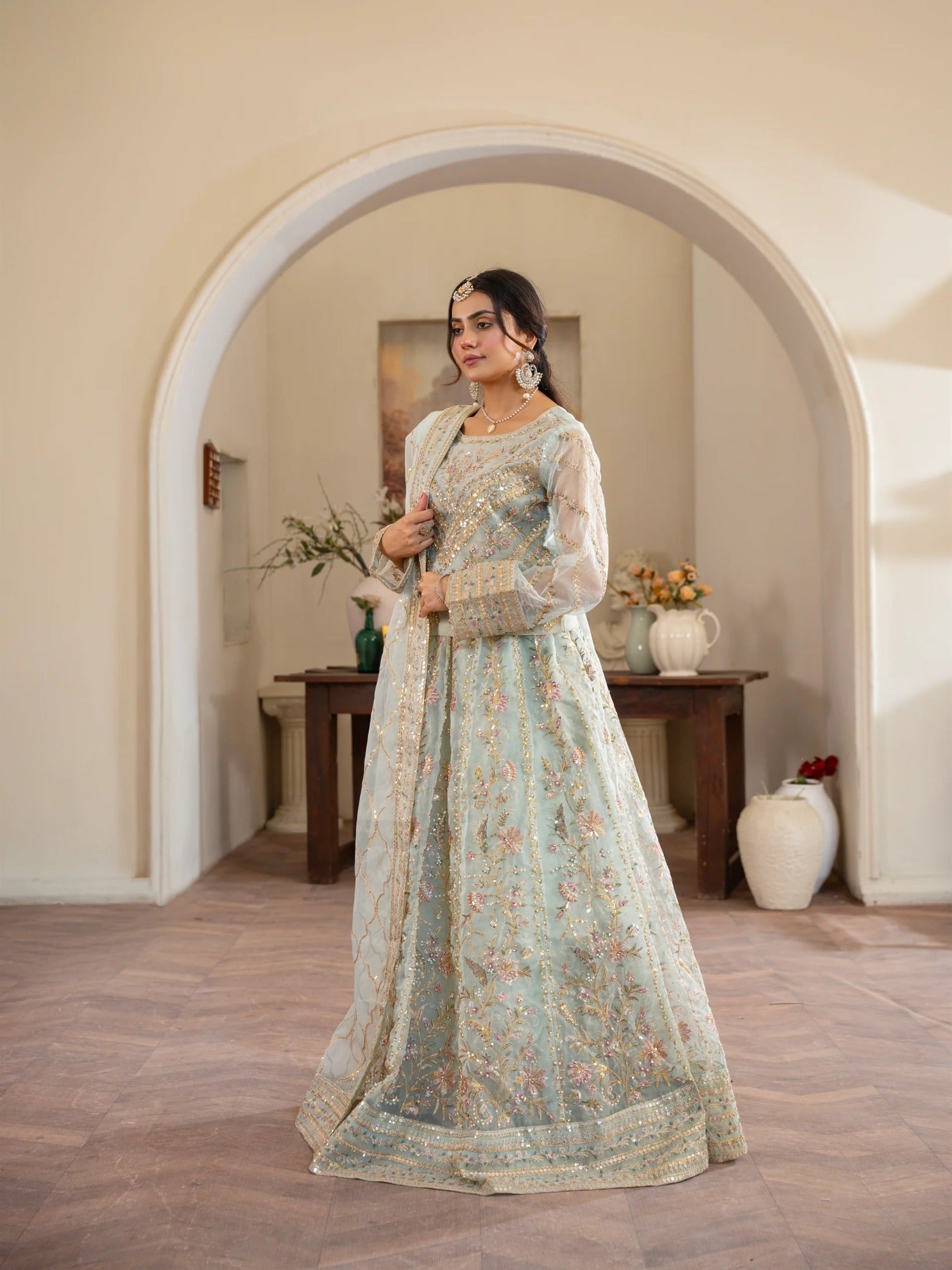 Manahil Arts Organza Embellished Stitched Lehnga-Luxury-001-Mint Green