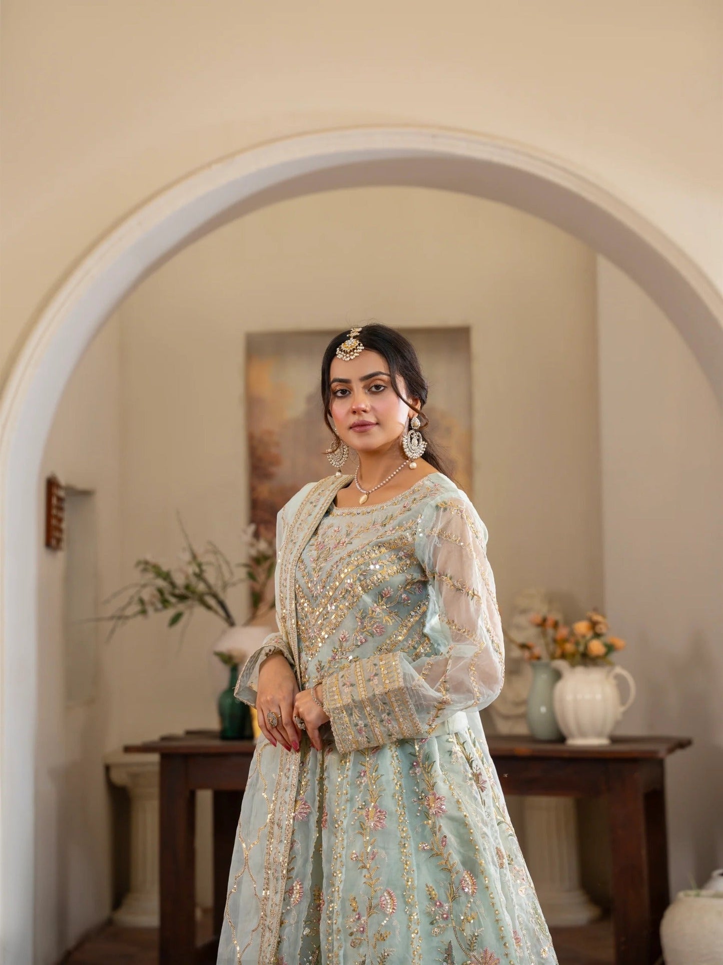 Manahil Arts Organza Embellished Stitched Lehnga-Luxury-001-Mint Green