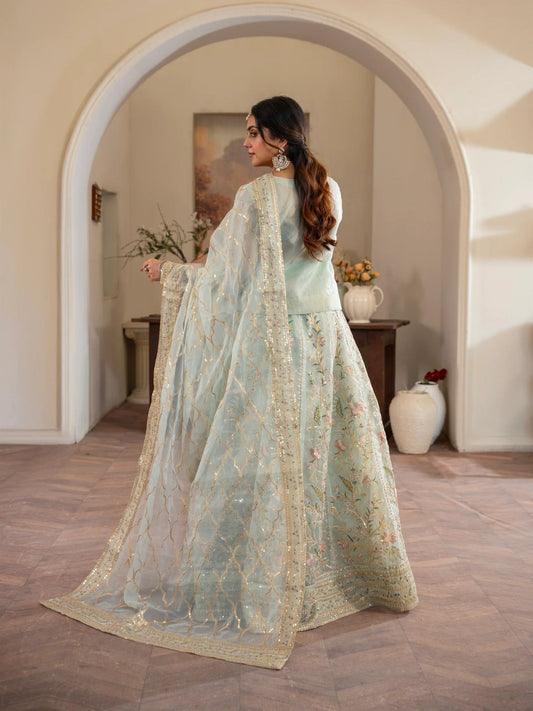 Manahil Arts Organza Embellished Lehenga Set-001-Mint Green