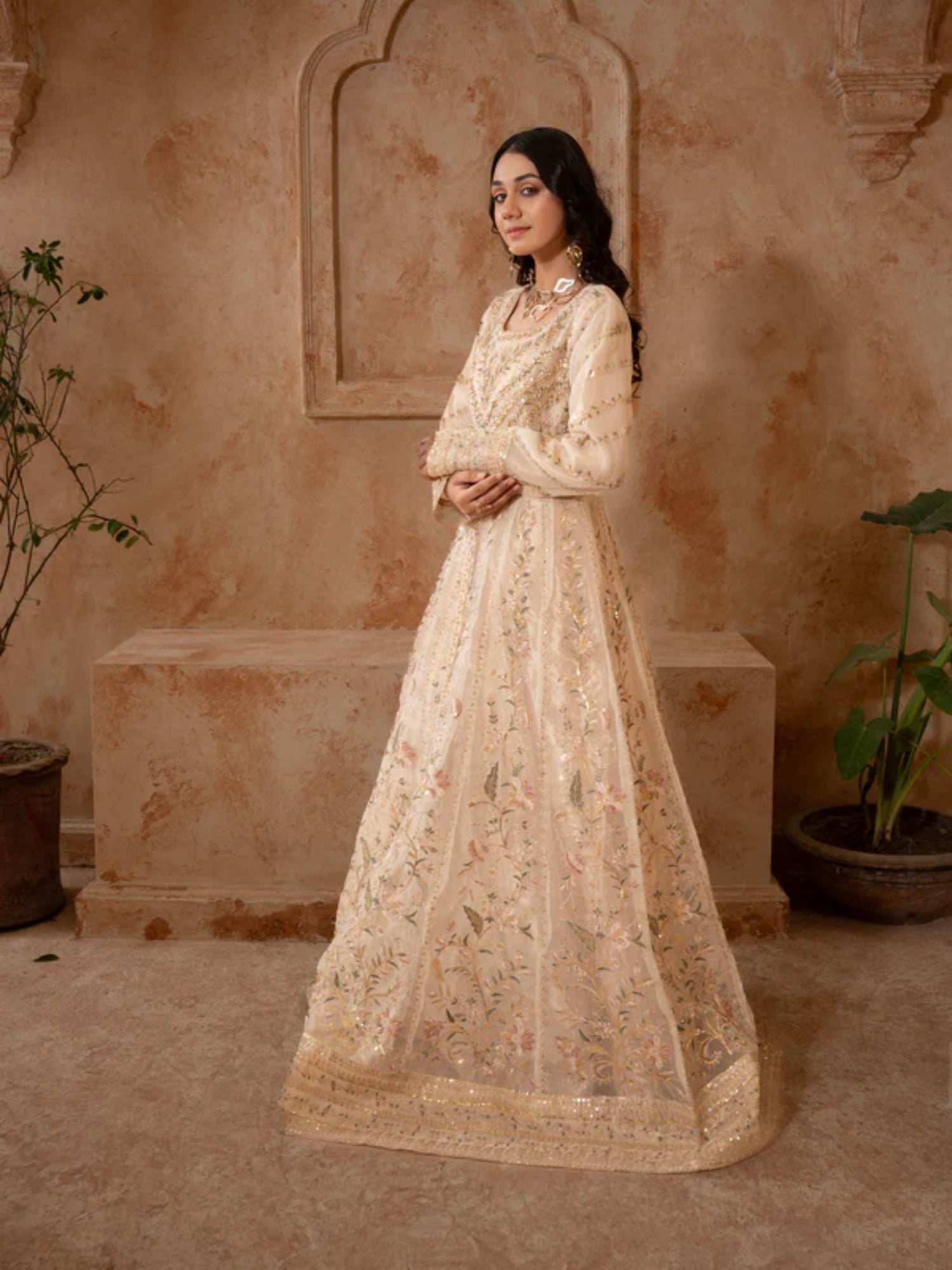 Beige Manahil Arts Organza Embellished Maxi-024-Beige