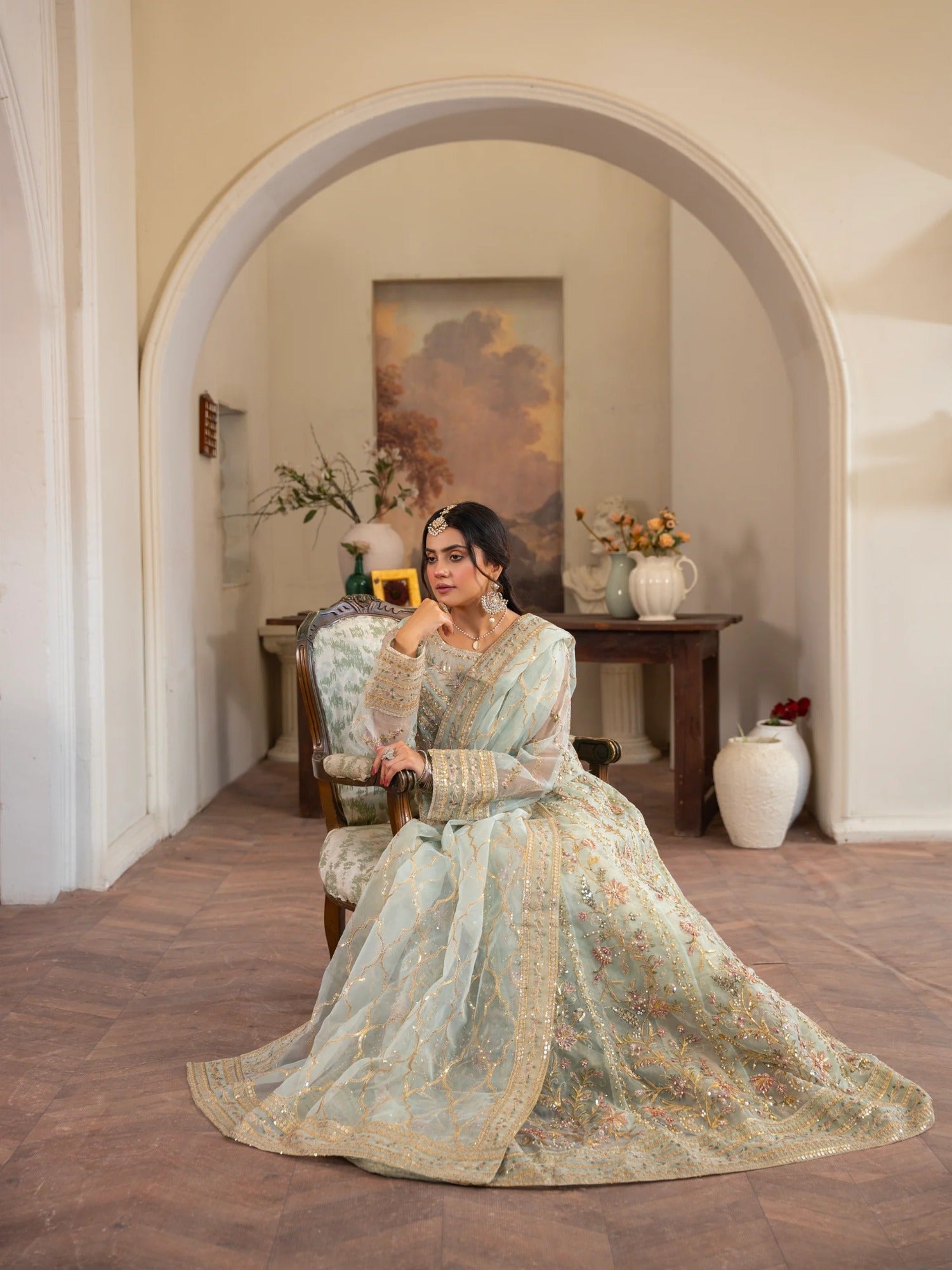 Manahil Arts Organza Embellished Stitched Lehnga-Luxury-001-Mint Green