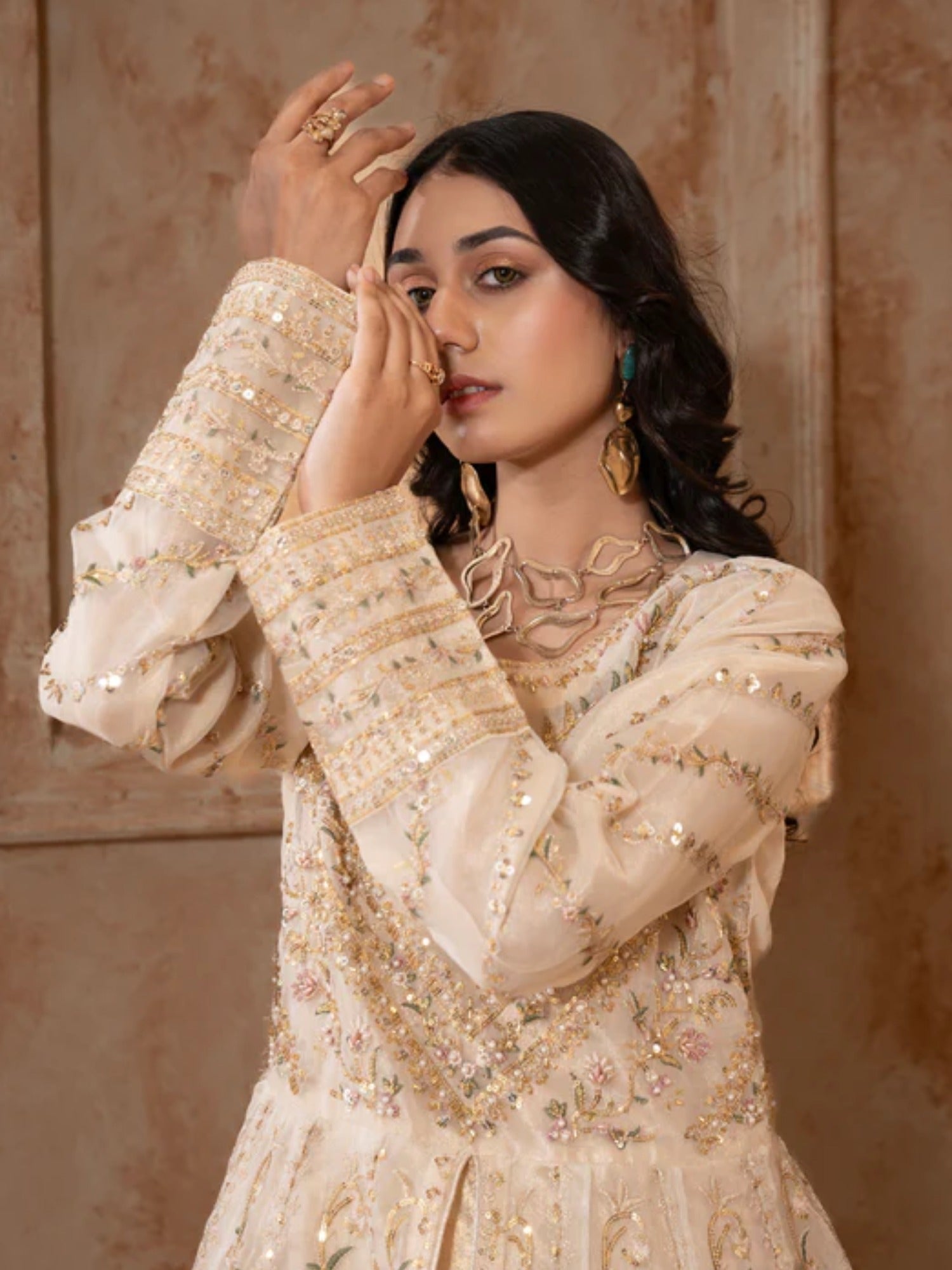 Beige Manahil Arts Organza Embellished Maxi-024-Beige