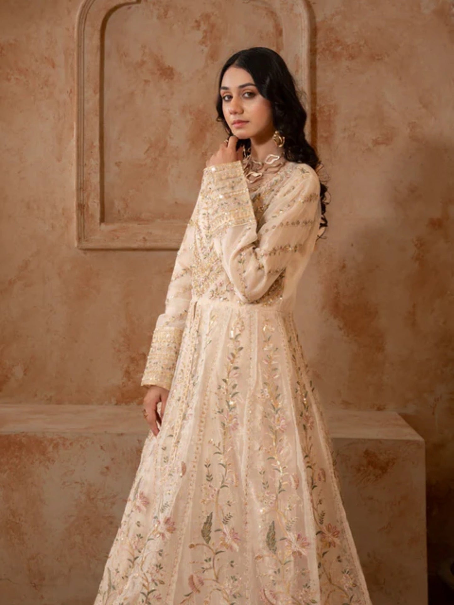Beige Manahil Arts Organza Embellished Maxi-024-Beige