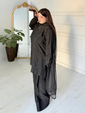 Black Manahil Arts Raw Silk Stitched 3-Piece Suit-Black Farshi Shalwar