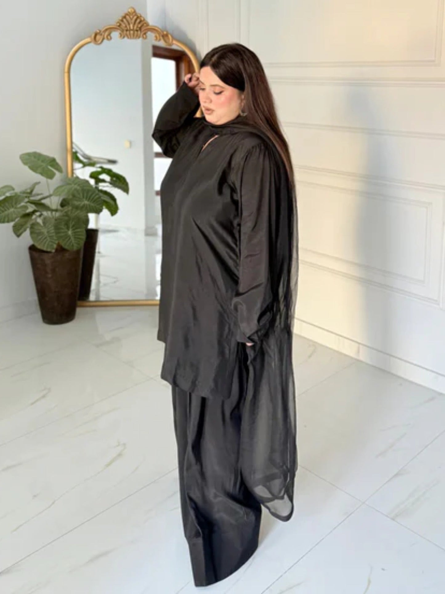 Black Manahil Arts Raw Silk Stitched 3-Piece Suit-Black Farshi Shalwar
