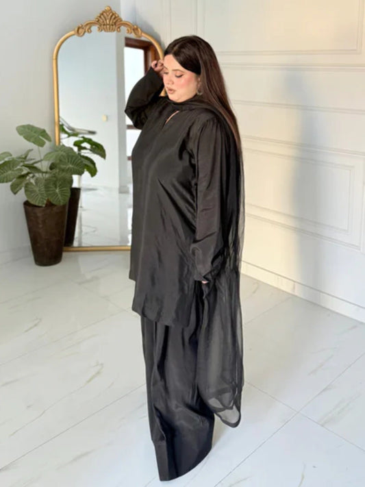Black Manahil Arts Raw Silk Stitched 3-Piece Suit-Black Farshi Shalwar