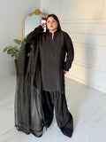 Black Manahil Arts Raw Silk Stitched 3-Piece Suit-Black Farshi Shalwar