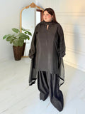 Black Manahil Arts Raw Silk Stitched 3-Piece Suit-Black Farshi Shalwar