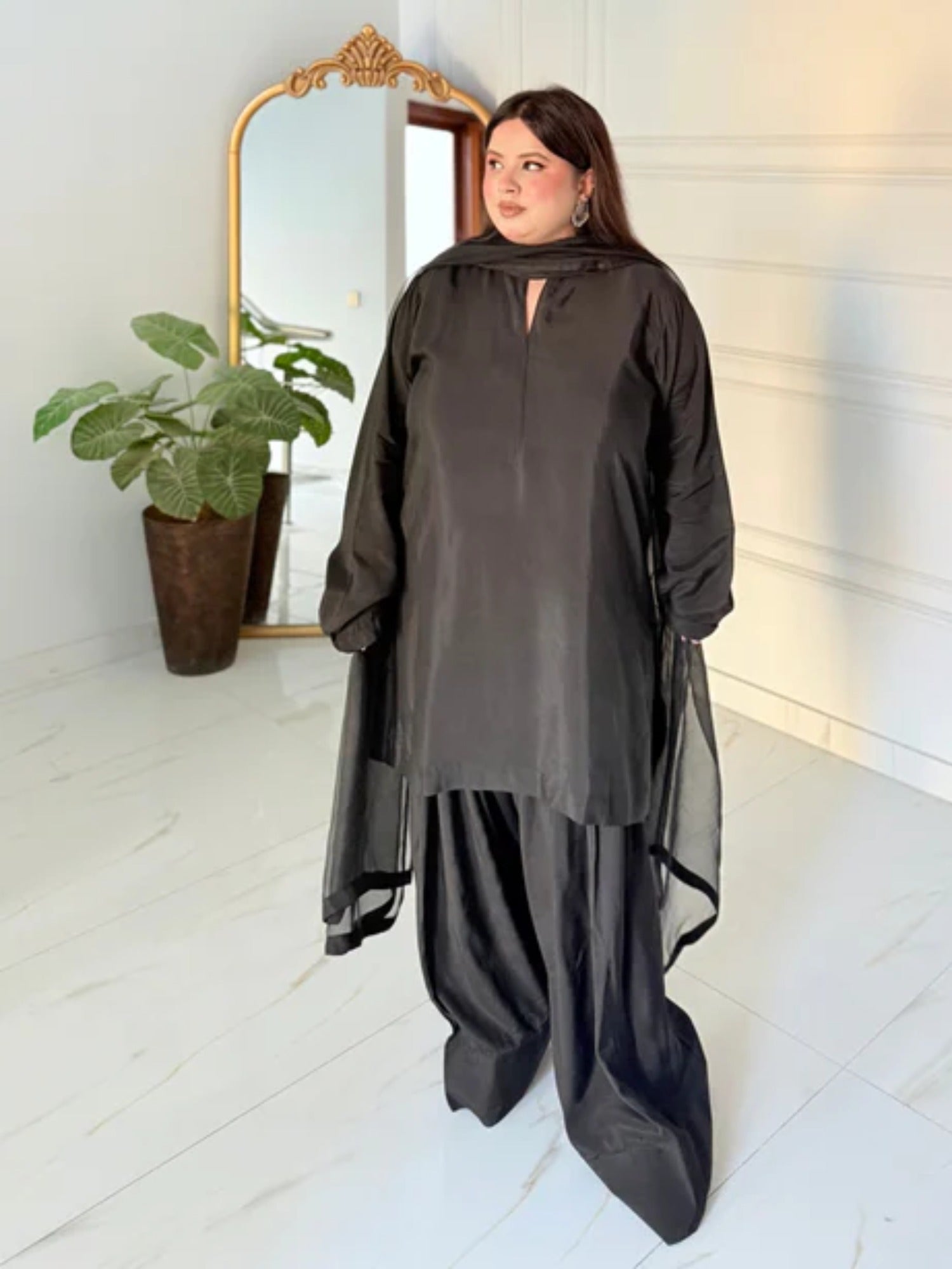 Black Manahil Arts Raw Silk Stitched 3-Piece Suit-Black Farshi Shalwar