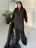 Black Manahil Arts Raw Silk Stitched 3-Piece Suit-Black Farshi Shalwar