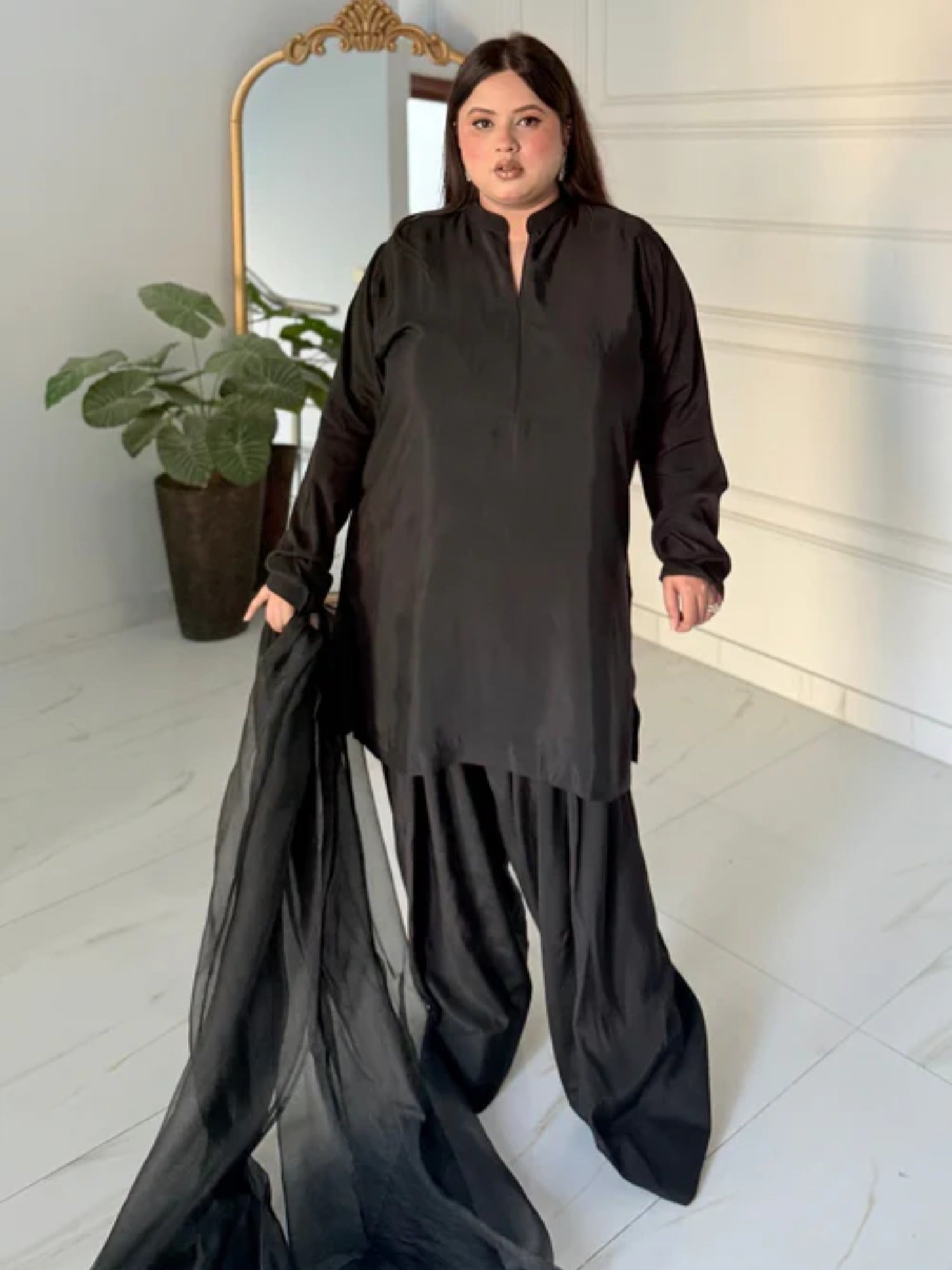 Black Manahil Arts Raw Silk Stitched 3-Piece Suit-Black Farshi Shalwar