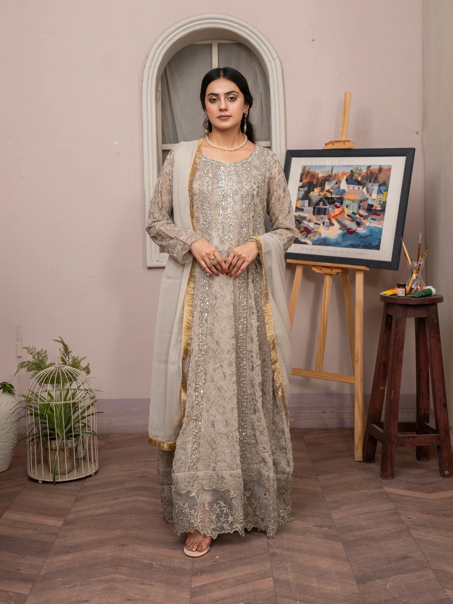 Manahil Arts Chiffon Embellished Stitched 3-Piece Suit-K-169-Camel Brown